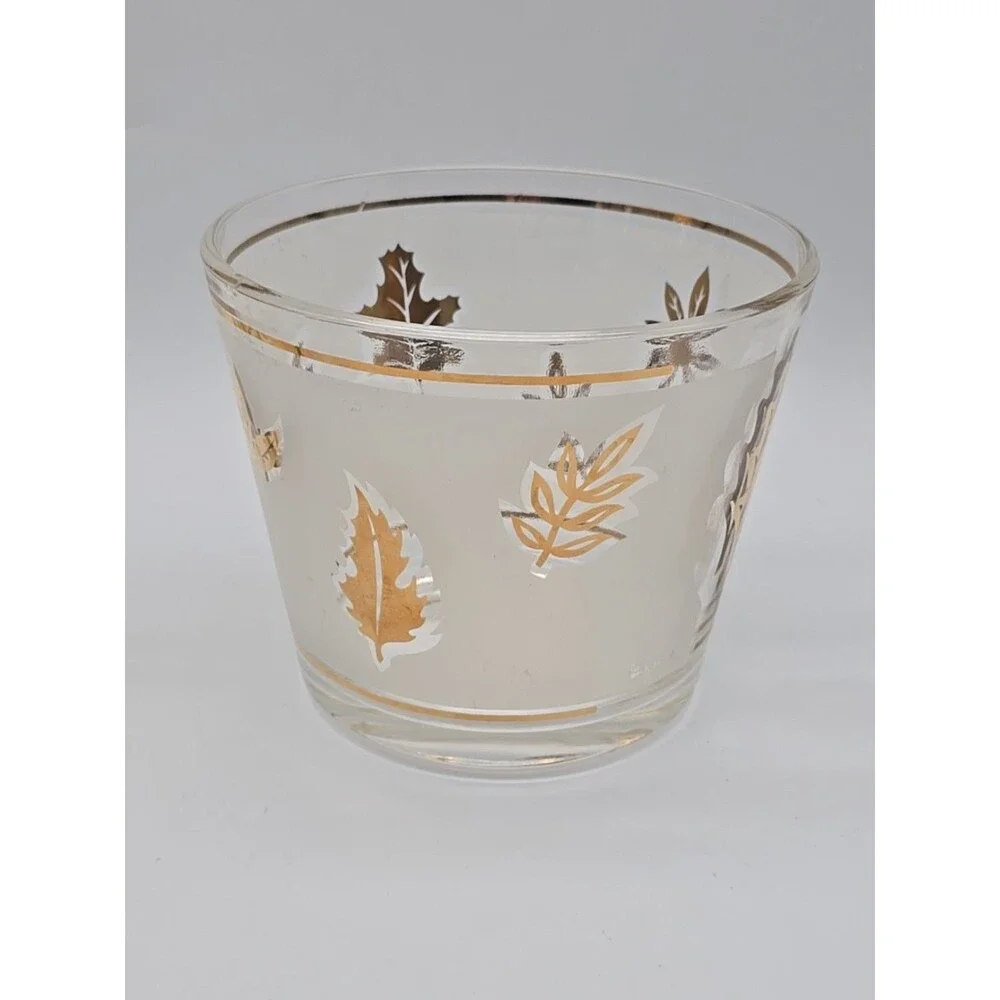 MCM G Reeves Ice Bucket Gold Leaves Foliage Frosted Glass